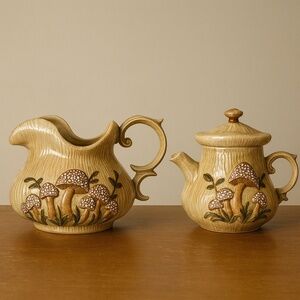 Arnel’s Beige Ceramic Mushroom Teapot Pitcher Set 70s Cottagecore 2pc‎